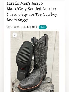 Laredo Men's Jessco Leather Square Toe Cowboy Boots - Sanded Black - 68557 Sz 9D